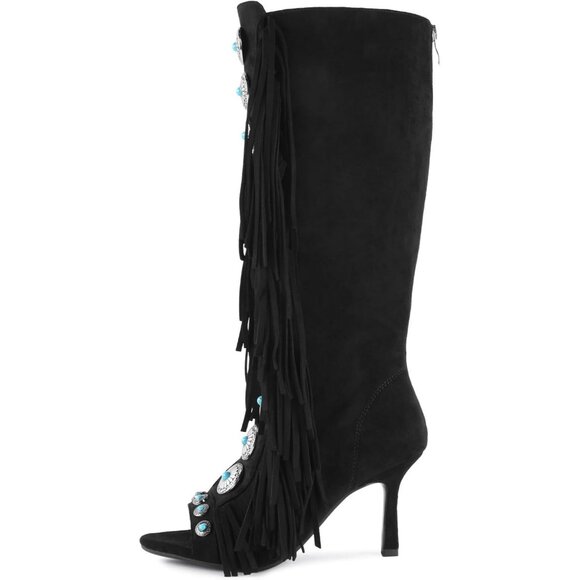 Women's Black FancyQueen Gladiator Heels Knee High Stiletto Peep Toe Boot - Picture 4 of 7
